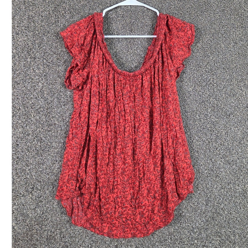 Old Navy Off The Shoulder Top Womens XXL Red Floral Smocked Blouse 581315-02